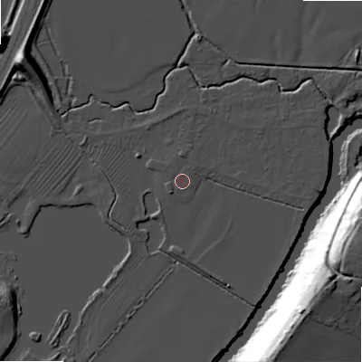 Shaded relief map of the ground around WR118UN, computed from Environment Agency LiDAR. The ground here sits at about 27 m above sea level and falls 39 m across the surrounding 800 m. Surface water reaching this point runs off ground lying to the north, 1.2 m higher.