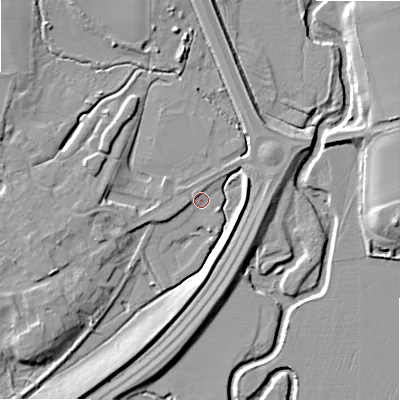 Shaded relief map of the ground around WR118UP, computed from Environment Agency LiDAR. The ground here sits at about 28 m above sea level and falls 12 m across the surrounding 800 m. Surface water reaching this point runs off ground lying to the west, 2.7 m higher.