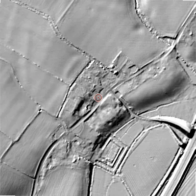 Shaded relief map of the ground around WR118UT, computed from Environment Agency LiDAR. The ground here sits at about 32 m above sea level and falls 16 m across the surrounding 800 m. Surface water reaching this point runs off ground lying to the west, 5.8 m higher.