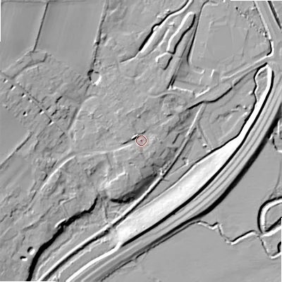 Shaded relief map of the ground around WR118UX, computed from Environment Agency LiDAR. The ground here sits at about 31 m above sea level and falls 15 m across the surrounding 800 m. Surface water reaching this point runs off ground lying to the west-north-west, 2.3 m higher.