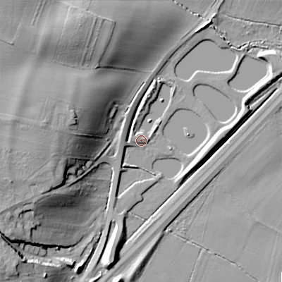 Shaded relief map of the ground around WR118XJ, computed from Environment Agency LiDAR. The ground here sits at about 29 m above sea level and falls 21 m across the surrounding 800 m. Surface water reaching this point runs off ground lying to the west, 20.2 m higher.