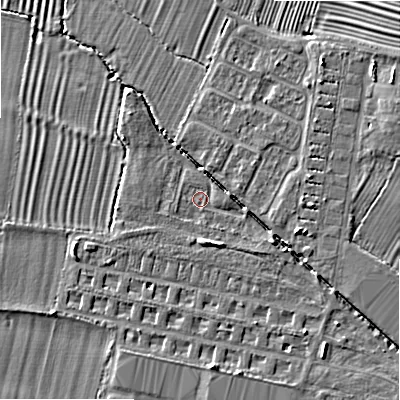 Shaded relief map of the ground around WR118YB, computed from Environment Agency LiDAR. The ground here sits at about 37 m above sea level and falls 6 m across the surrounding 800 m. Surface water reaching this point runs off ground lying to the north-east, 5.0 m higher.