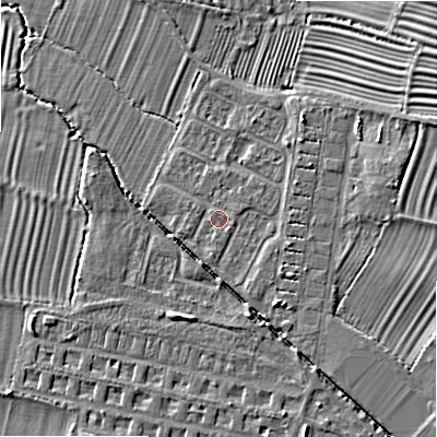 Shaded relief map of the ground around WR118YD, computed from Environment Agency LiDAR. The ground here sits at about 37 m above sea level and falls 9 m across the surrounding 800 m. Surface water reaching this point runs off ground lying to the east-south-east, 0.7 m higher.
