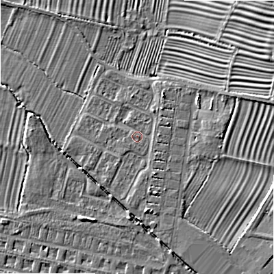 Shaded relief map of the ground around WR118YE, computed from Environment Agency LiDAR. The ground here sits at about 38 m above sea level and falls 9 m across the surrounding 800 m. Surface water reaching this point runs off ground lying to the east-north-east, 1.5 m higher.