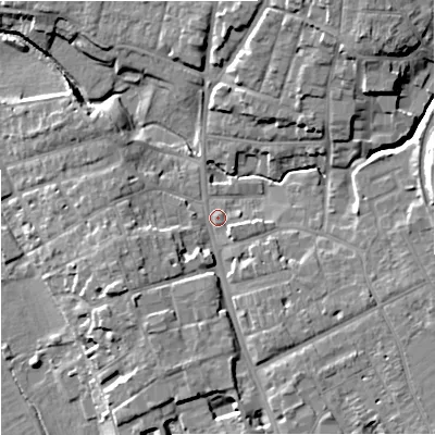 Shaded relief map of the ground around WR11JA, computed from Environment Agency LiDAR. The ground here sits at about 18 m above sea level and falls 15 m across the surrounding 800 m. Surface water reaching this point runs off ground lying to the south-west, 4.9 m higher.