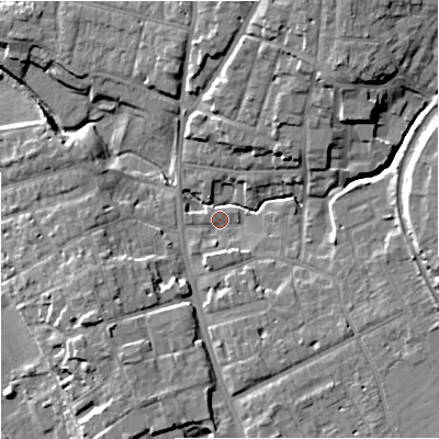 Shaded relief map of the ground around WR11JB, computed from Environment Agency LiDAR. The ground here sits at about 17 m above sea level and falls 15 m across the surrounding 800 m. Surface water reaching this point runs off ground lying to the north-east, 12.4 m higher.
