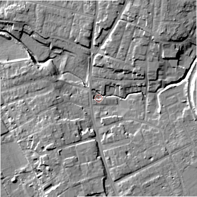 Shaded relief map of the ground around WR11JE, computed from Environment Agency LiDAR. The ground here sits at about 16 m above sea level and falls 15 m across the surrounding 800 m. Surface water reaching this point runs off ground lying to the north-east, 12.5 m higher.