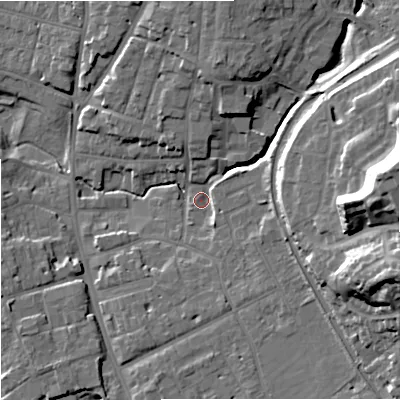 Shaded relief map of the ground around WR11QY, computed from Environment Agency LiDAR. The ground here sits at about 18 m above sea level and falls 30 m across the surrounding 800 m. Surface water reaching this point runs off ground lying to the east, 29.2 m higher.