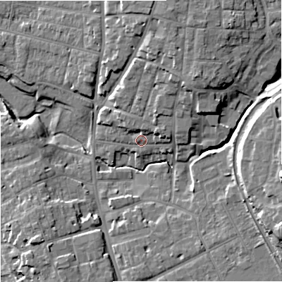 Shaded relief map of the ground around WR11RL, computed from Environment Agency LiDAR. The ground here sits at about 19 m above sea level and falls 21 m across the surrounding 800 m. Surface water reaching this point runs off ground lying to the north-east, 4.3 m higher.