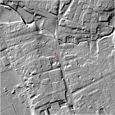 Shaded relief map of the ground around WR11SA, computed from Environment Agency LiDAR. The ground here sits at about 18 m above sea level and falls 15 m across the surrounding 800 m. Surface water reaching this point runs off ground lying to the south-west, 4.9 m higher.