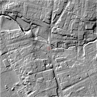 Shaded relief map of the ground around WR11SB, computed from Environment Agency LiDAR. The ground here sits at about 17 m above sea level and falls 15 m across the surrounding 800 m. Surface water reaching this point runs off ground lying to the north-east, 12.5 m higher.