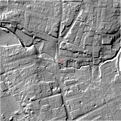 Shaded relief map of the ground around WR11SD, computed from Environment Agency LiDAR. The ground here sits at about 18 m above sea level and falls 15 m across the surrounding 800 m. Surface water reaching this point runs off ground lying to the east-north-east, 3.0 m higher.