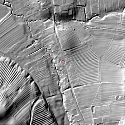 Shaded relief map of the ground around WR127AF, computed from Environment Agency LiDAR. The ground here sits at about 88 m above sea level and falls 55 m across the surrounding 800 m. Surface water reaching this point runs off ground lying to the east-south-east, 22.1 m higher.