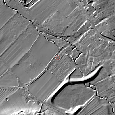 Shaded relief map of the ground around WR127BY, computed from Environment Agency LiDAR. The ground here sits at about 77 m above sea level and falls 24 m across the surrounding 800 m. Surface water reaching this point runs off ground lying to the south, 8.0 m higher.
