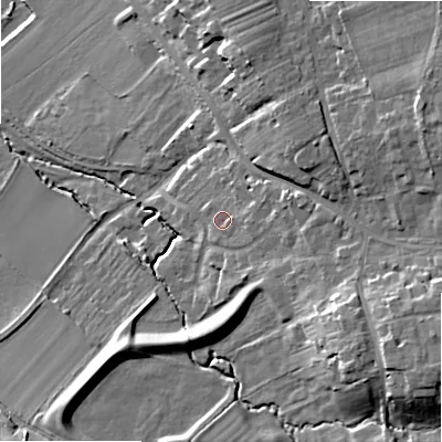 Shaded relief map of the ground around WR127DA, computed from Environment Agency LiDAR. The ground here sits at about 81 m above sea level and falls 25 m across the surrounding 800 m. Surface water reaching this point runs off ground lying to the east, 2.5 m higher.