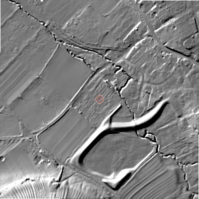 Shaded relief map of the ground around WR127DB, computed from Environment Agency LiDAR. The ground here sits at about 78 m above sea level and falls 28 m across the surrounding 800 m. Surface water reaching this point runs off ground lying to the east, 12.4 m higher.