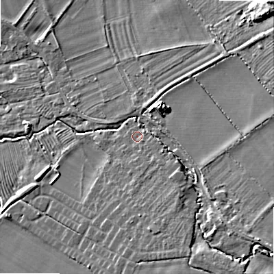 Shaded relief map of the ground around WR127GA, computed from Environment Agency LiDAR. The ground here sits at about 61 m above sea level and falls 22 m across the surrounding 800 m. Surface water reaching this point runs off ground lying to the south-south-east, 3.5 m higher.