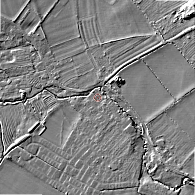 Shaded relief map of the ground around WR127GB, computed from Environment Agency LiDAR. The ground here sits at about 61 m above sea level and falls 22 m across the surrounding 800 m. Surface water reaching this point runs off ground lying to the south-south-east, 3.5 m higher.