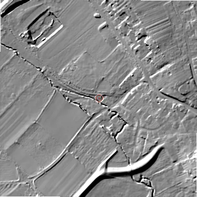 Shaded relief map of the ground around WR127HA, computed from Environment Agency LiDAR. The ground here sits at about 76 m above sea level and falls 22 m across the surrounding 800 m. Surface water reaching this point runs off ground lying to the east-south-east, 16.4 m higher.