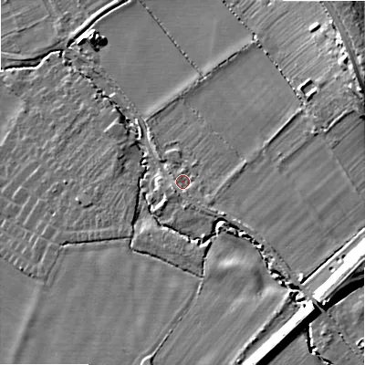 Shaded relief map of the ground around WR127HB, computed from Environment Agency LiDAR. The ground here sits at about 65 m above sea level and falls 25 m across the surrounding 800 m. Surface water reaching this point runs off ground lying to the south-east, 6.0 m higher.