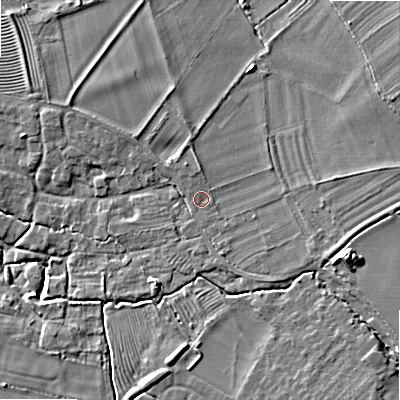 Shaded relief map of the ground around WR127HD, computed from Environment Agency LiDAR. The ground here sits at about 59 m above sea level and falls 12 m across the surrounding 800 m. Surface water reaching this point runs off ground lying to the east-south-east, 3.6 m higher.