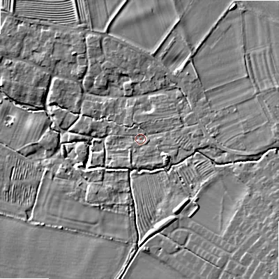 Shaded relief map of the ground around WR127HE, computed from Environment Agency LiDAR. The ground here sits at about 57 m above sea level and falls 11 m across the surrounding 800 m. Surface water reaching this point runs off ground lying to the east-south-east, 3.1 m higher.