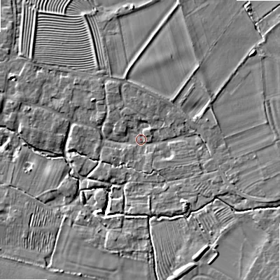 Shaded relief map of the ground around WR127HF, computed from Environment Agency LiDAR. The ground here sits at about 57 m above sea level and falls 10 m across the surrounding 800 m. Surface water reaching this point runs off ground lying to the east-south-east, 5.1 m higher.