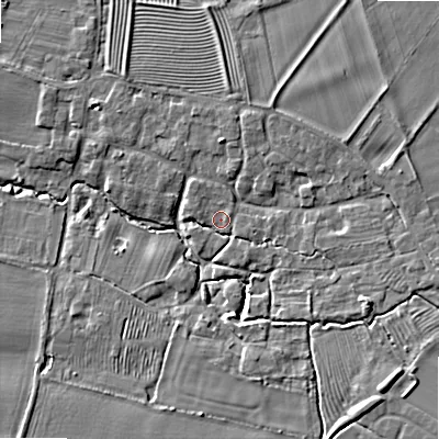Shaded relief map of the ground around WR127HG, computed from Environment Agency LiDAR. The ground here sits at about 56 m above sea level and falls 11 m across the surrounding 800 m. Surface water reaching this point runs off ground lying to the east-south-east, 5.7 m higher.