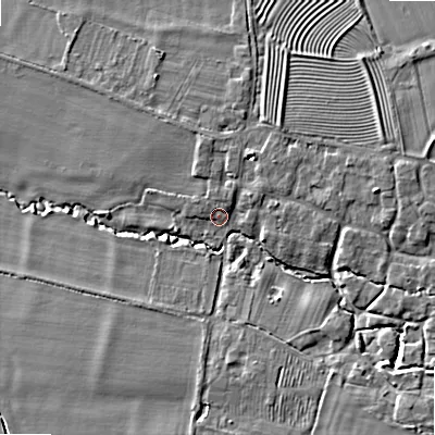 Shaded relief map of the ground around WR127HH, computed from Environment Agency LiDAR. The ground here sits at about 54 m above sea level and falls 9 m across the surrounding 800 m. Surface water reaching this point runs off ground lying to the north-north-east, 2.4 m higher.
