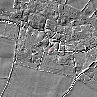 Shaded relief map of the ground around WR127HJ, computed from Environment Agency LiDAR. The ground here sits at about 56 m above sea level and falls 11 m across the surrounding 800 m. Surface water reaching this point runs off ground lying to the south-south-east, 2.5 m higher.