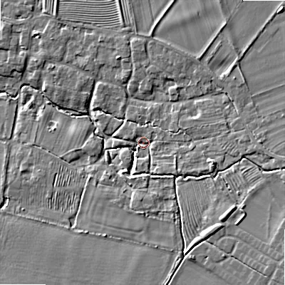 Shaded relief map of the ground around WR127HL, computed from Environment Agency LiDAR. The ground here sits at about 56 m above sea level and falls 10 m across the surrounding 800 m. Surface water reaching this point runs off ground lying to the east-south-east, 3.5 m higher.