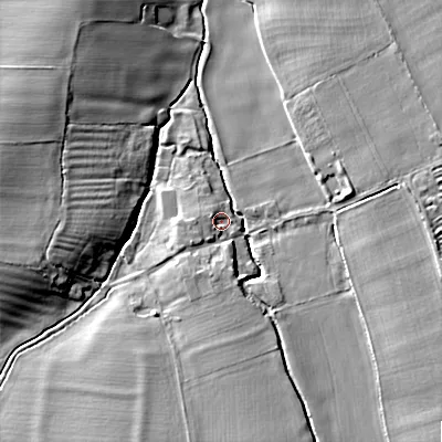 Shaded relief map of the ground around WR127HS, computed from Environment Agency LiDAR. The ground here sits at about 43 m above sea level and falls 10 m across the surrounding 800 m. Surface water reaching this point runs off ground lying to the south-west, 2.3 m higher.