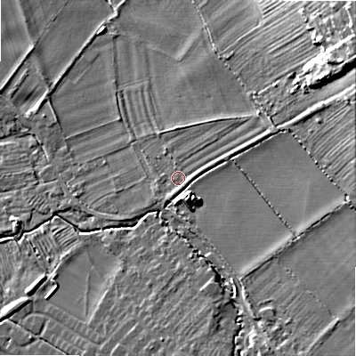 Shaded relief map of the ground around WR127HX, computed from Environment Agency LiDAR. The ground here sits at about 61 m above sea level and falls 27 m across the surrounding 800 m. Surface water reaching this point runs off ground lying to the east-north-east, 2.1 m higher.