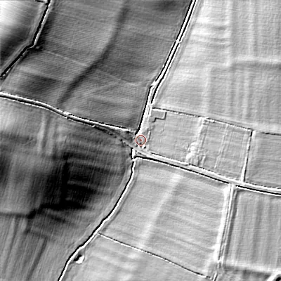 Shaded relief map of the ground around WR127HZ, computed from Environment Agency LiDAR. The ground here sits at about 45 m above sea level and falls 15 m across the surrounding 800 m. Surface water reaching this point runs off ground lying to the east-south-east, 6.3 m higher.