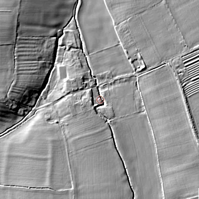 Shaded relief map of the ground around WR127JW, computed from Environment Agency LiDAR. The ground here sits at about 43 m above sea level and falls 9 m across the surrounding 800 m. Surface water reaching this point runs off ground lying to the south, 6.2 m higher.