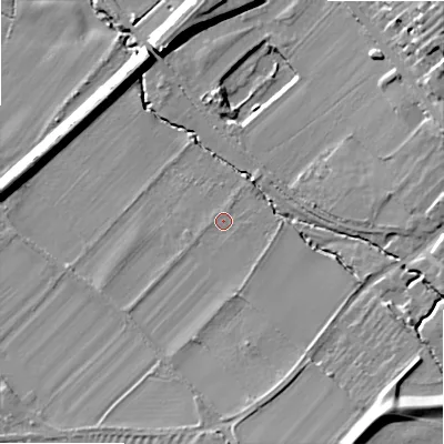 Shaded relief map of the ground around WR127LP, computed from Environment Agency LiDAR. The ground here sits at about 73 m above sea level and falls 21 m across the surrounding 800 m. Surface water reaching this point runs off ground lying to the south, 2.7 m higher.
