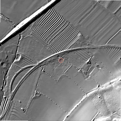 Shaded relief map of the ground around WR127LX, computed from Environment Agency LiDAR. The ground here sits at about 71 m above sea level and falls 42 m across the surrounding 800 m. Surface water reaching this point runs off ground lying to the south-east, 35.4 m higher.