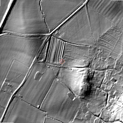 Shaded relief map of the ground around WR127NA, computed from Environment Agency LiDAR. The ground here sits at about 82 m above sea level and falls 48 m across the surrounding 800 m. Surface water reaching this point runs off ground lying to the south-east, 16.9 m higher.