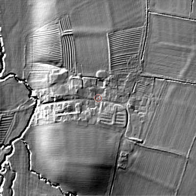 Shaded relief map of the ground around WR127NL, computed from Environment Agency LiDAR. The ground here sits at about 53 m above sea level and falls 19 m across the surrounding 800 m. Surface water reaching this point runs off ground lying to the south-east, 3.8 m higher.