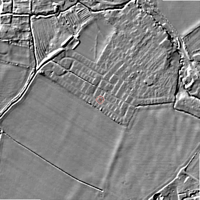 Shaded relief map of the ground around WR127NR, computed from Environment Agency LiDAR. The ground here sits at about 62 m above sea level and falls 15 m across the surrounding 800 m. Surface water reaching this point runs off ground lying to the east-south-east, 5.5 m higher.