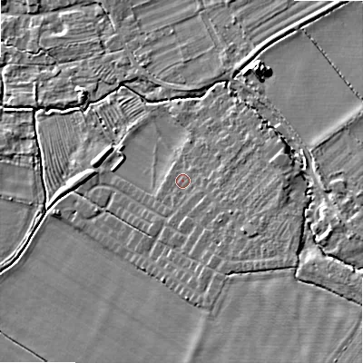 Shaded relief map of the ground around WR127NX, computed from Environment Agency LiDAR. The ground here sits at about 62 m above sea level and falls 12 m across the surrounding 800 m. Surface water reaching this point runs off ground lying to the east-south-east, 2.4 m higher.
