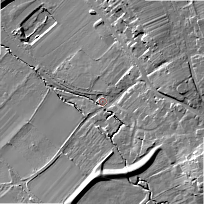 Shaded relief map of the ground around WR127NY, computed from Environment Agency LiDAR. The ground here sits at about 76 m above sea level and falls 24 m across the surrounding 800 m. Surface water reaching this point runs off ground lying to the east-south-east, 17.1 m higher.