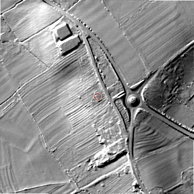 Shaded relief map of the ground around WR127PA, computed from Environment Agency LiDAR. The ground here sits at about 79 m above sea level and falls 28 m across the surrounding 800 m. Surface water reaching this point runs off ground lying to the east, 4.1 m higher.