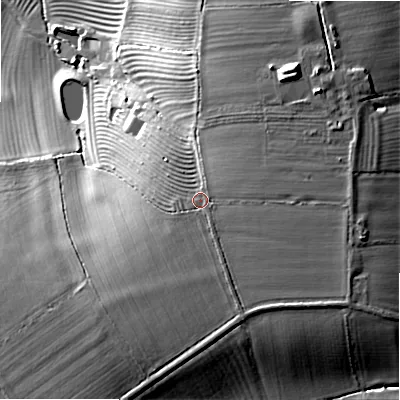 Shaded relief map of the ground around WR127PB, computed from Environment Agency LiDAR. The ground here sits at about 75 m above sea level and falls 31 m across the surrounding 800 m. Surface water reaching this point runs off ground lying to the south-south-east, 2.2 m higher.