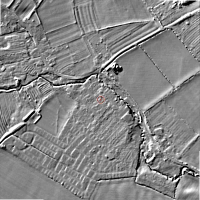 Shaded relief map of the ground around WR127QJ, computed from Environment Agency LiDAR. The ground here sits at about 62 m above sea level and falls 17 m across the surrounding 800 m. Surface water reaching this point runs off ground lying to the south-south-east, 3.3 m higher.