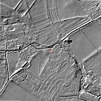 Shaded relief map of the ground around WR127QL, computed from Environment Agency LiDAR. The ground here sits at about 61 m above sea level and falls 12 m across the surrounding 800 m. Surface water reaching this point runs off ground lying to the south-east, 7.8 m higher.
