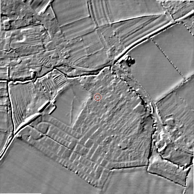 Shaded relief map of the ground around WR127QW, computed from Environment Agency LiDAR. The ground here sits at about 61 m above sea level and falls 11 m across the surrounding 800 m. Surface water reaching this point runs off ground lying to the south-south-east, 1.8 m higher.