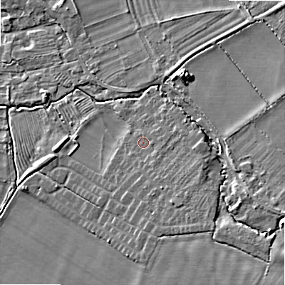 Shaded relief map of the ground around WR127QX, computed from Environment Agency LiDAR. The ground here sits at about 62 m above sea level and falls 11 m across the surrounding 800 m. Surface water reaching this point runs off ground lying to the south-south-east, 1.4 m higher.