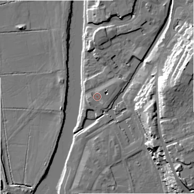 Shaded relief map of the ground around WR12AA, computed from Environment Agency LiDAR. The ground here sits at about 16 m above sea level and falls 24 m across the surrounding 800 m. Surface water reaching this point runs off ground lying to the east-north-east, 3.3 m higher.