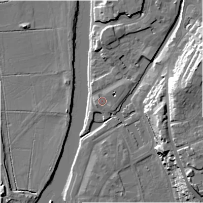 Shaded relief map of the ground around WR12AJ, computed from Environment Agency LiDAR. The ground here sits at about 17 m above sea level and falls 24 m across the surrounding 800 m. Surface water reaching this point runs off ground lying to the east-north-east, 3.3 m higher.